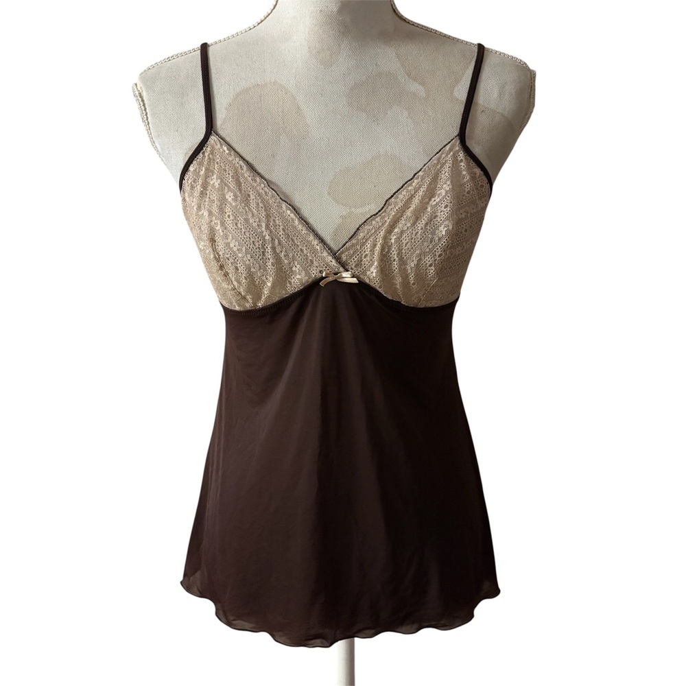 Vtg Y2k Intimissimi Brown Stretch Satin Lace Cami Tank Top Sheer Mesh Sz L